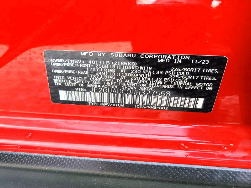 56424206 :رقم المزاد ، JF2GUADC0RH327558 vin ، 2024 Subaru Crosstrek مزاد بيع