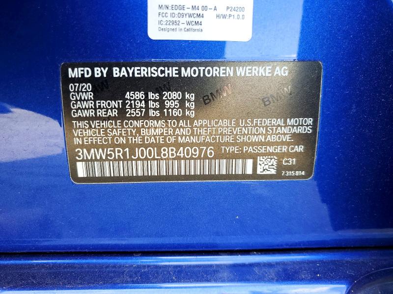 Aukcja sprzedaży 2020 Bmw 330i, vin: 3MW5R1J00L8B40976, numer aukcji: 59007626