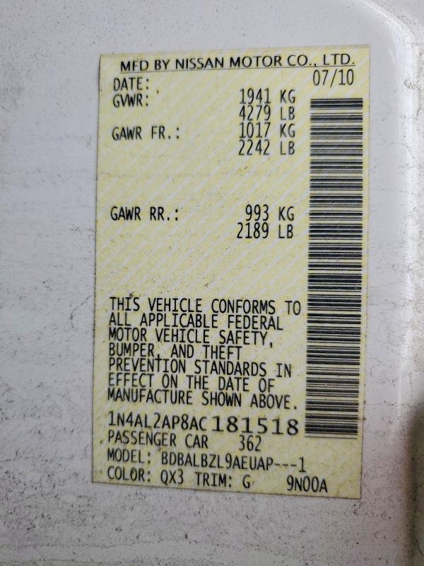 Aukcja sprzedaży 2010 Nissan Altima, vin: 1N4AL2AP8AC181518, numer aukcji: 58835566