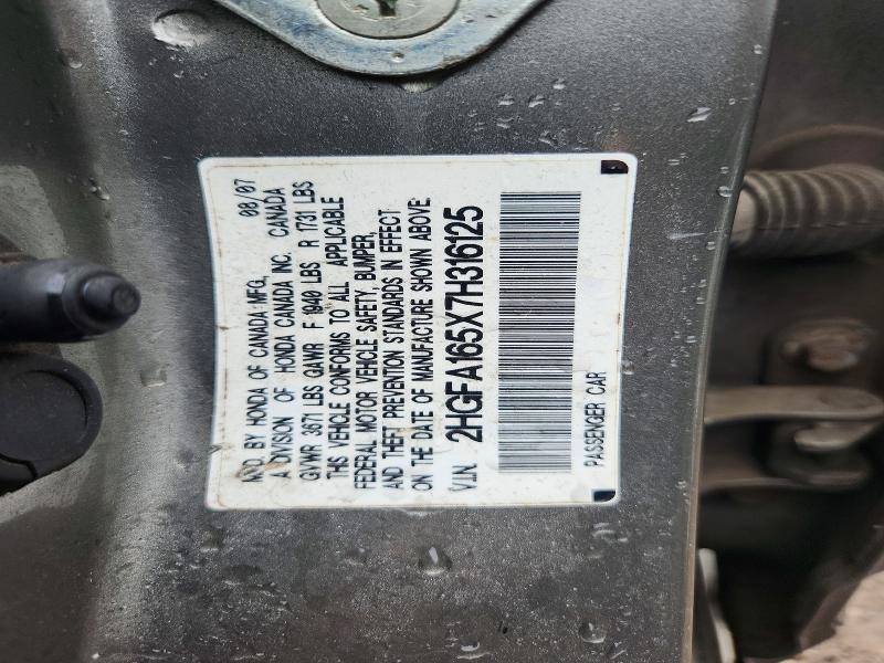 Aukcja sprzedaży 2007 Honda Civic, vin: 2HGFA165X7H316125, numer aukcji: 57093206
