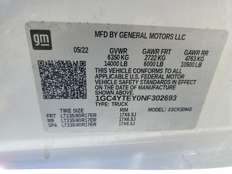 56475546 :رقم المزاد ، 1GC4YTEY0NF302693 vin ، 2022 Chevrolet Silverado مزاد بيع
