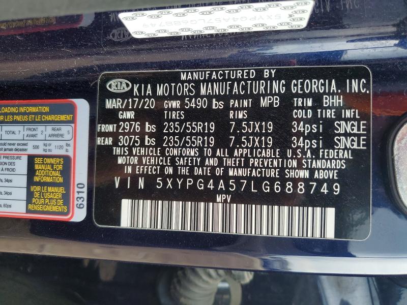 Aukcja sprzedaży 2020 Kia Sorento, vin: 5XYPG4A57LG688749, numer aukcji: 55729696