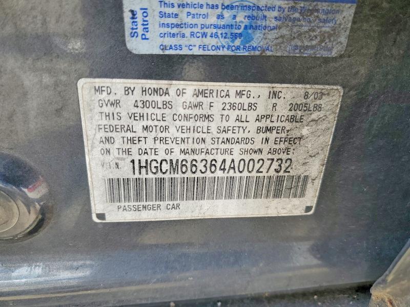 Aukcja sprzedaży 2004 Honda Accord, vin: 1HGCM66364A002732, numer aukcji: 58878386