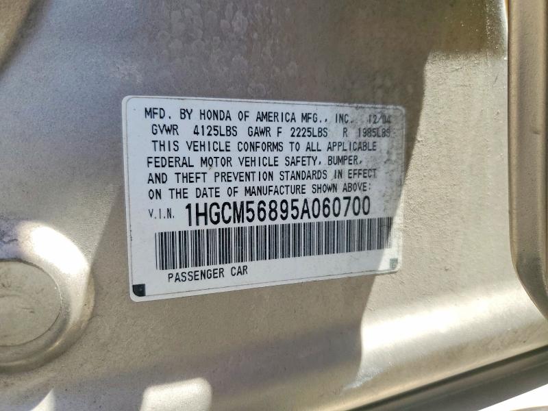 Auction sale of the 2005 Honda Accord, vin: 1HGCM56895A060700, lot number: 57535846
