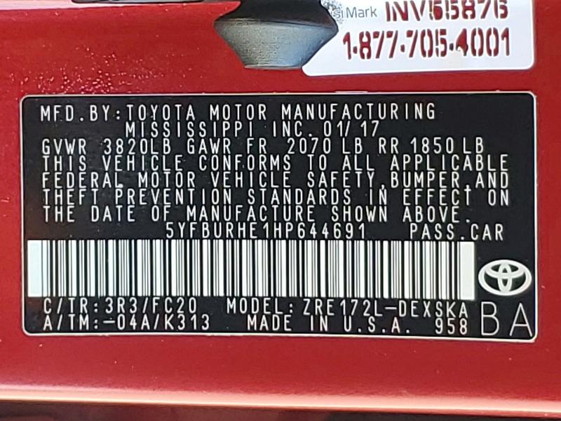 2017 Toyota Corolla მანქანა იყიდება აუქციონზე, vin: 5YFBURHE1HP644691, აუქციონის ნომერი: 55771856