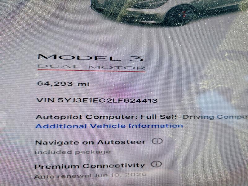 2020 Tesla Model 3 მანქანა იყიდება აუქციონზე, vin: 5YJ3E1EC2LF624413, აუქციონის ნომერი: 55651646