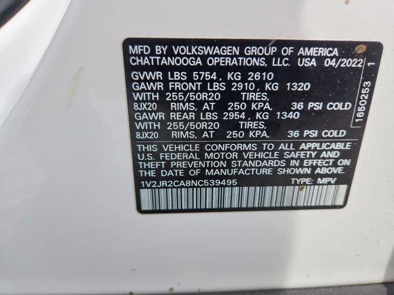 Продажа на аукционе авто 2022 Volkswagen Atlas, vin: 1V2JR2CA8NC539495, номер лота: 58738566