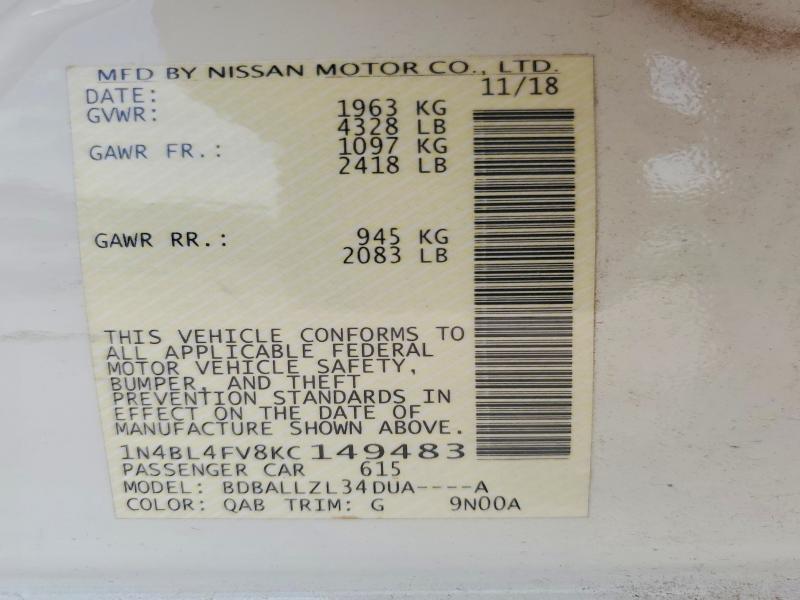2019 Nissan Altima მანქანა იყიდება აუქციონზე, vin: 1N4BL4FV8KC149483, აუქციონის ნომერი: 58946686