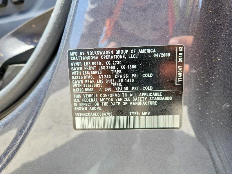 2019 Volkswagen Atlas მანქანა იყიდება აუქციონზე, vin: 1V2NR2CA0KC564789, აუქციონის ნომერი: 85793595
