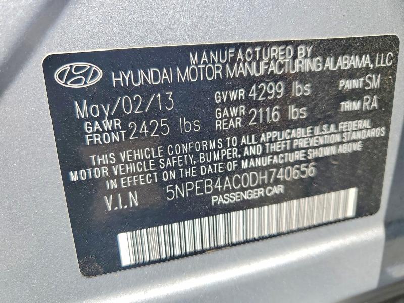 2013 Hyundai Sonata მანქანა იყიდება აუქციონზე, vin: 5NPEB4AC0DH740656, აუქციონის ნომერი: 56163646