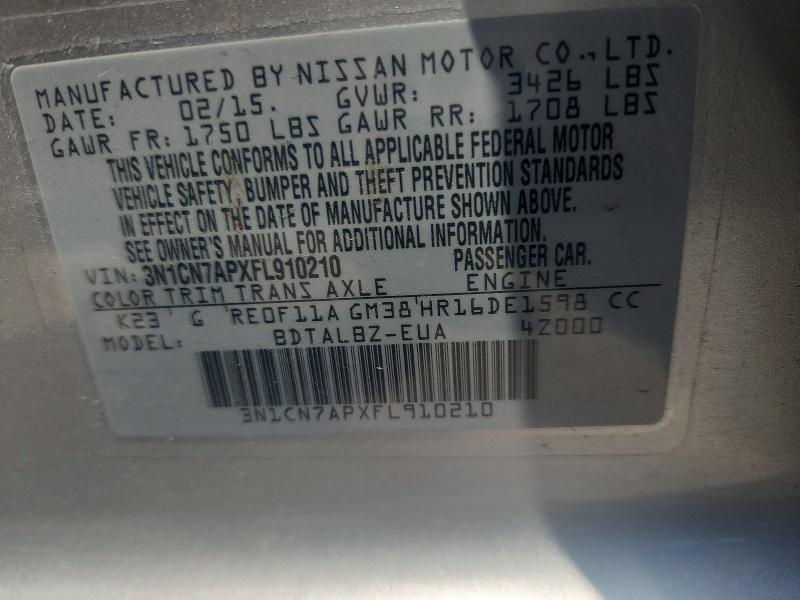 Продаж на аукціоні авто 2015 Nissan Versa, vin: 3N1CN7APXFL910210, номер лоту: 58106456