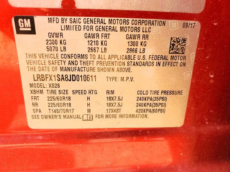 56649036 :رقم المزاد ، LRBFX1SA8JD010611 vin ، 2018 Buick Envision مزاد بيع