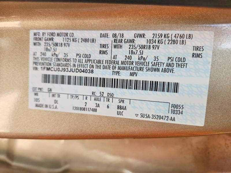 2018 Ford Escape მანქანა იყიდება აუქციონზე, vin: 1FMCU0J93JUD04038, აუქციონის ნომერი: 41634046