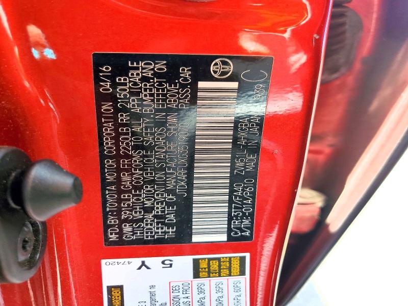 54537486 :رقم المزاد ، JTDKARFUXG3519070 vin ، 2016 Toyota Prius مزاد بيع