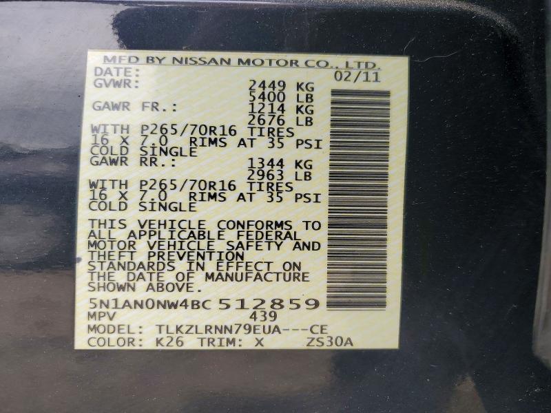58115436 :رقم المزاد ، 5N1AN0NW4BC512859 vin ، 2011 Nissan Xterra مزاد بيع