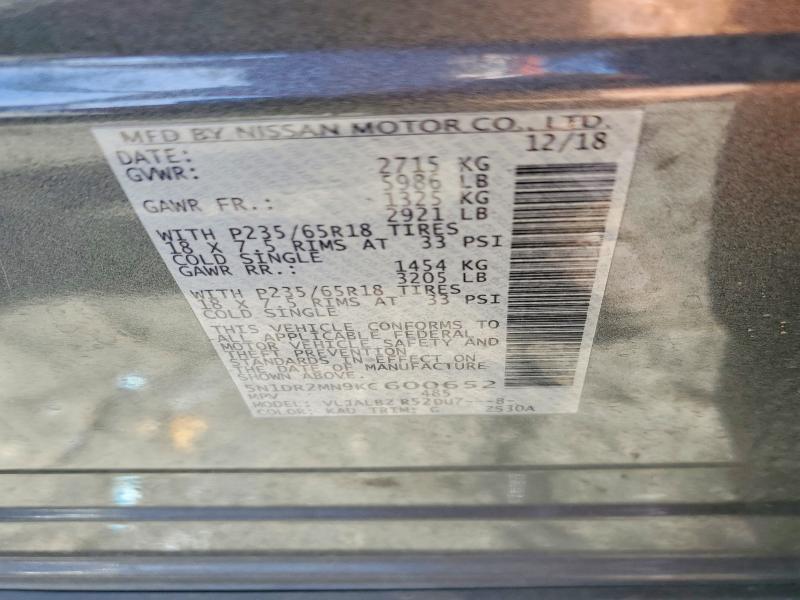 55997056 :رقم المزاد ، 5N1DR2MN9KC600652 vin ، 2019 Nissan Pathfinder مزاد بيع