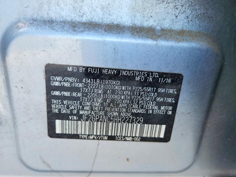 2017 Subaru Crosstrek მანქანა იყიდება აუქციონზე, vin: JF2GPANC5HH227329, აუქციონის ნომერი: 56996526