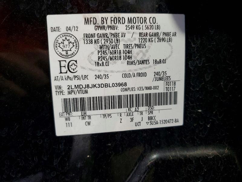 58540966 :رقم المزاد ، 2LMDJ8JK3DBL03968 vin ، 2013 Lincoln Mkx مزاد بيع