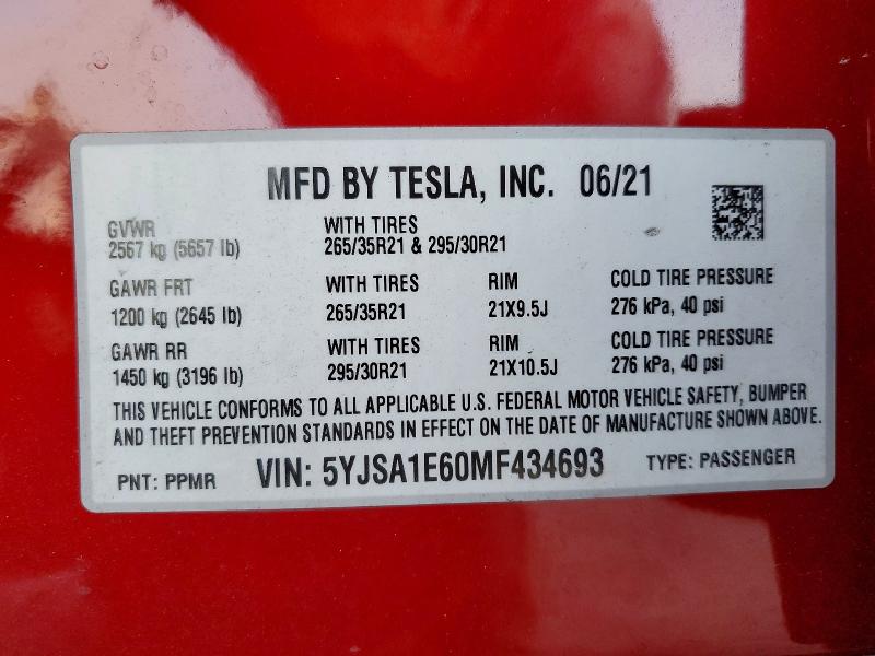 Продаж на аукціоні авто 2021 Tesla Model S, vin: 5YJSA1E60MF434693, номер лоту: 58201666