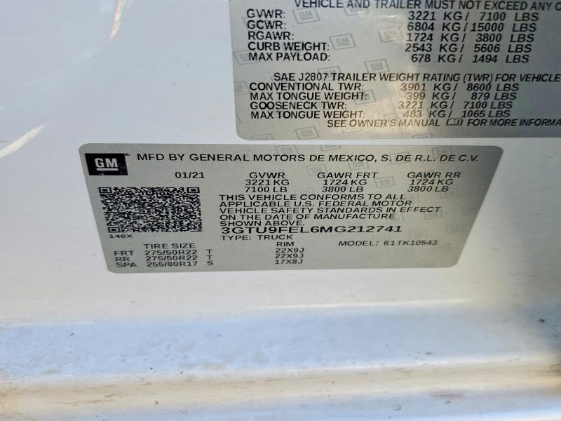 2021 Gmc Sierra მანქანა იყიდება აუქციონზე, vin: 3GTU9FEL6MG212741, აუქციონის ნომერი: 57776196