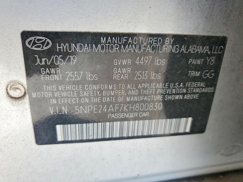 2019 Hyundai Sonata მანქანა იყიდება აუქციონზე, vin: 5NPE24AF7KH800830, აუქციონის ნომერი: 56807866