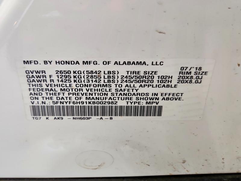 Aukcja sprzedaży 2019 Honda Pilot, vin: 5FNYF6H91KB002982, numer aukcji: 55168676
