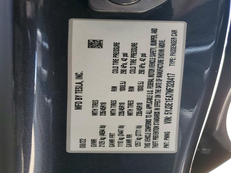 2022 Tesla Model 3 მანქანა იყიდება აუქციონზე, vin: 5YJ3E1EA7NF328417, აუქციონის ნომერი: 58519776