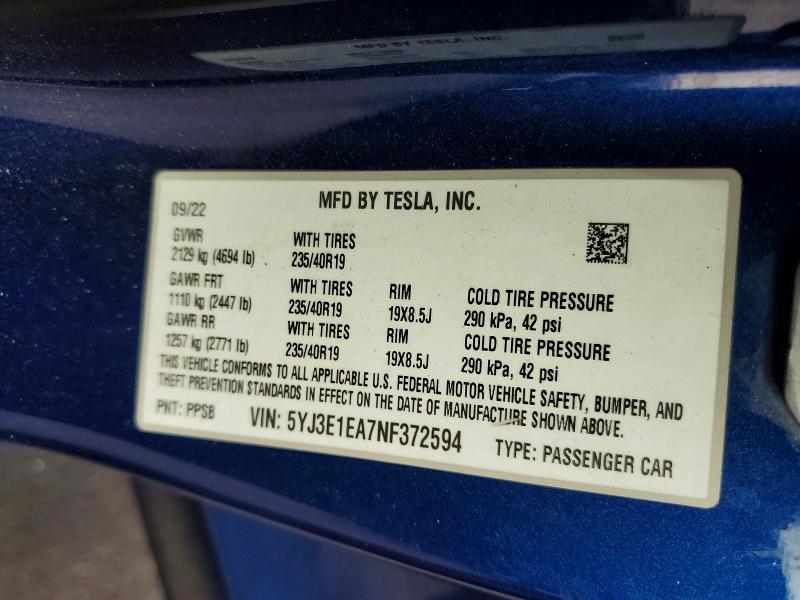 Продажа на аукционе авто 2022 Tesla Model 3, vin: 5YJ3E1EA7NF372594, номер лота: 55773086