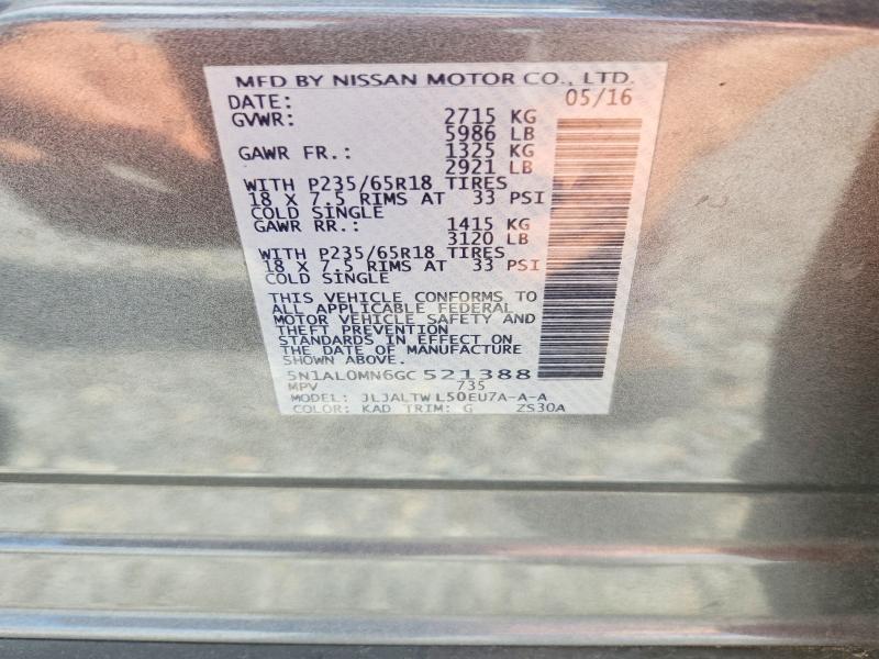 55720306 :رقم المزاد ، 5N1AL0MN6GC521388 vin ، 2016 Infiniti Qx60 مزاد بيع