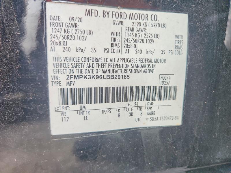57618886 :رقم المزاد ، 2FMPK3K96LBB29185 vin ، 2020 Ford Edge مزاد بيع