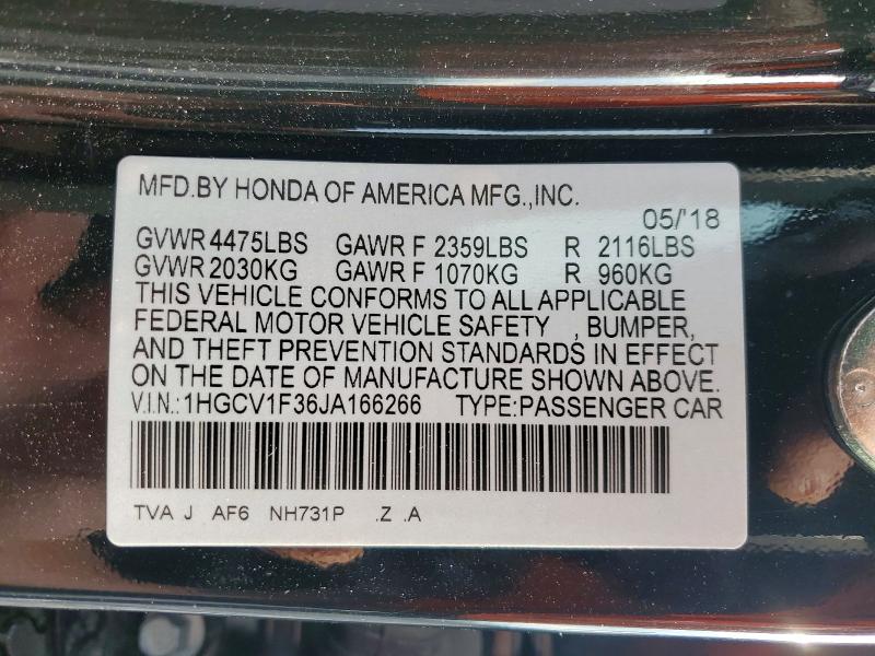 Aukcja sprzedaży 2018 Honda Accord, vin: 1HGCV1F36JA166266, numer aukcji: 56303926