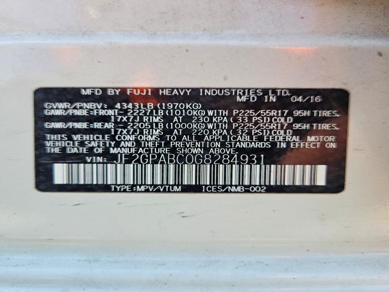 Aukcja sprzedaży 2016 Subaru Crosstrek, vin: JF2GPABC0G8284931, numer aukcji: 55915846