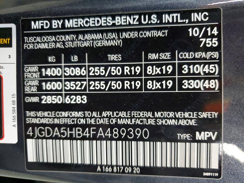 58018376 :رقم المزاد ، 4JGDA5HB4FA489390 vin ، 2015 Mercedes-benz Ml مزاد بيع