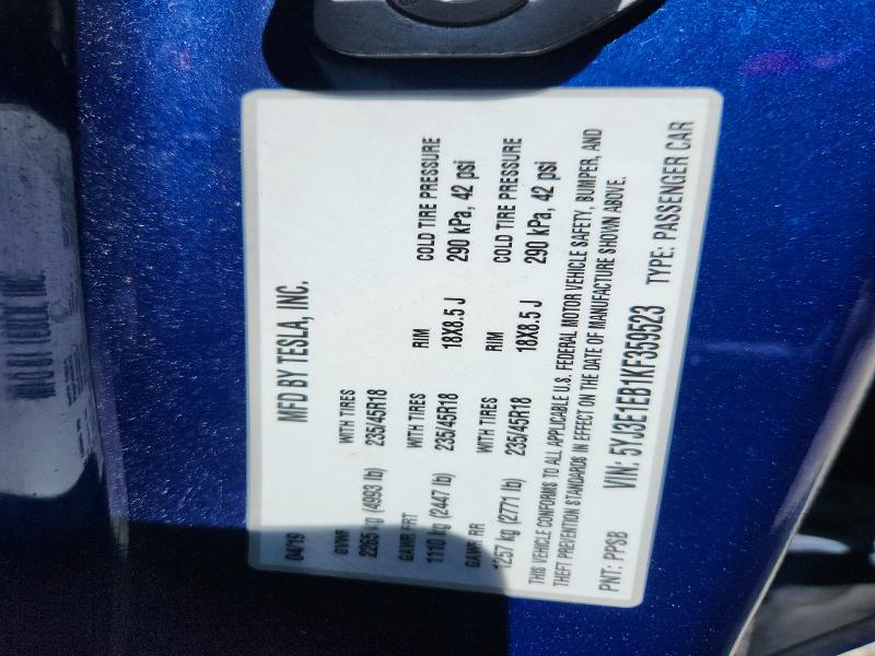 51962396 :رقم المزاد ، 5YJ3E1EB1KF359523 vin ، 2019 Tesla Model 3 مزاد بيع