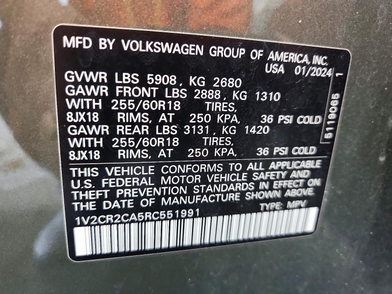 Продажа на аукционе авто 2024 Volkswagen Atlas, vin: 1V2CR2CA5RC551991, номер лота: 58994396