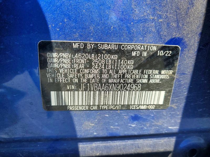 Продаж на аукціоні авто 2022 Subaru Wrx, vin: JF1VBAA6XN9024968, номер лоту: 59163476