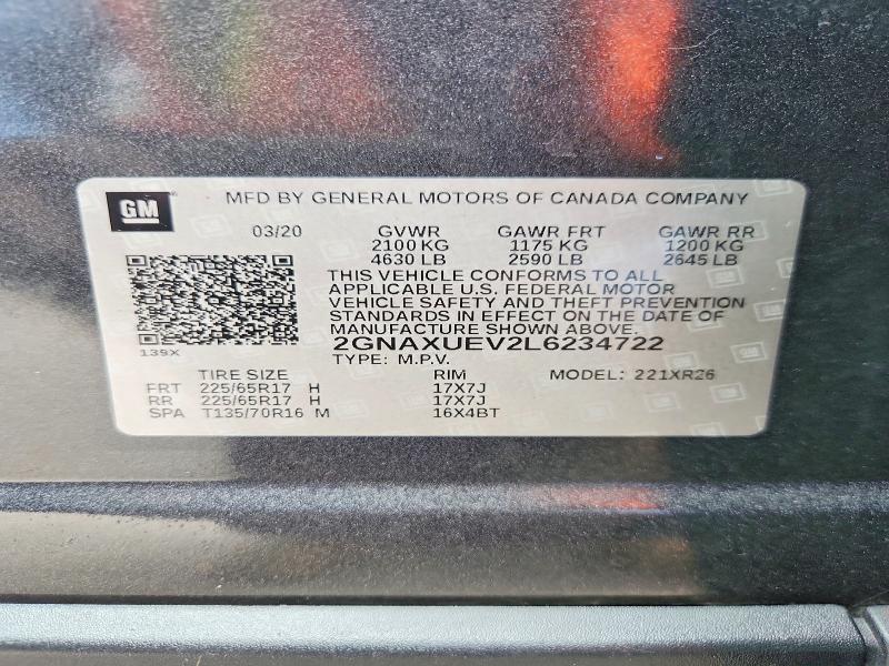 Продажа на аукционе авто 2020 Chevrolet Equinox, vin: 2GNAXUEV2L6234722, номер лота: 58919646