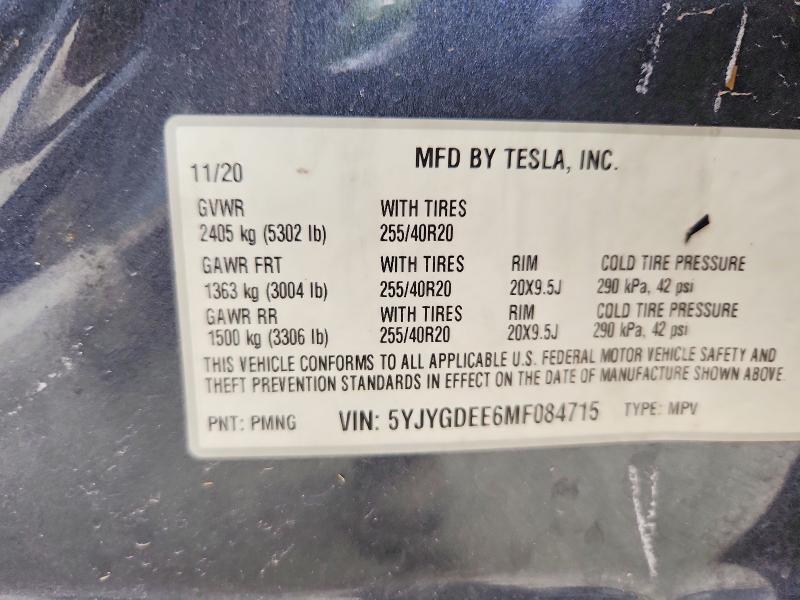 2021 Tesla Model Y მანქანა იყიდება აუქციონზე, vin: 5YJYGDEE6MF084715, აუქციონის ნომერი: 57008856