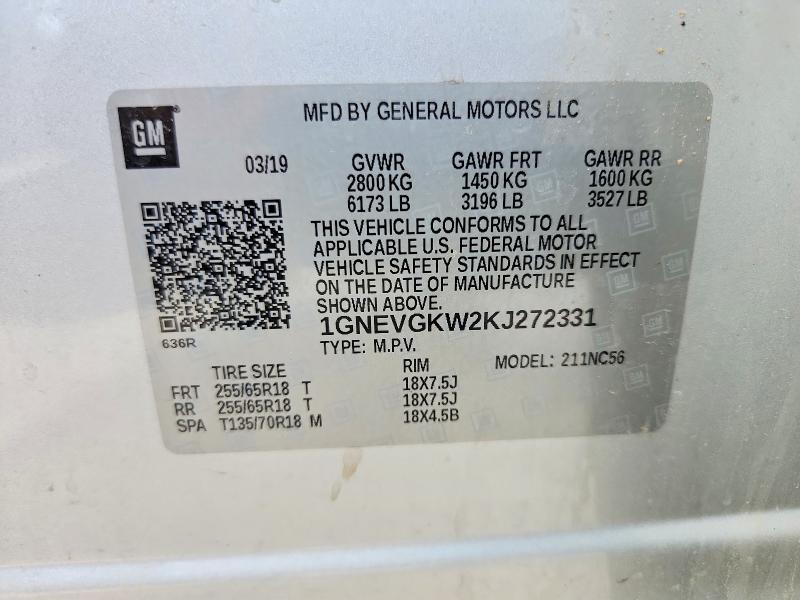 57710126 :رقم المزاد ، 1GNEVGKW2KJ272331 vin ، 2019 Chevrolet Traverse مزاد بيع