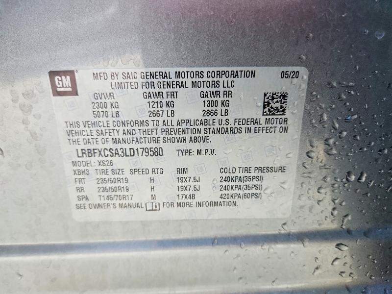 58545746 :رقم المزاد ، LRBFXCSA3LD179580 vin ، 2020 Buick Envision مزاد بيع
