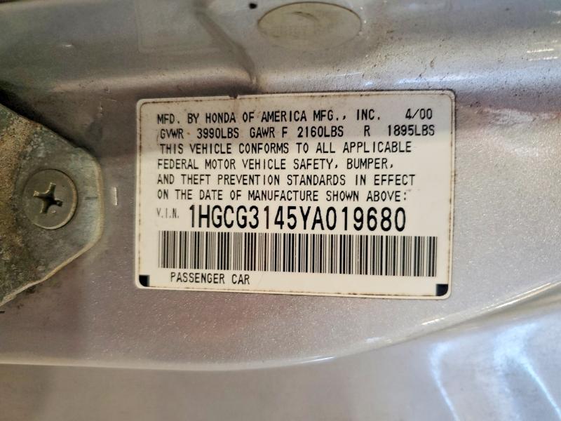 55881766 :رقم المزاد ، 1HGCG3145YA019680 vin ، 2000 Honda Accord مزاد بيع