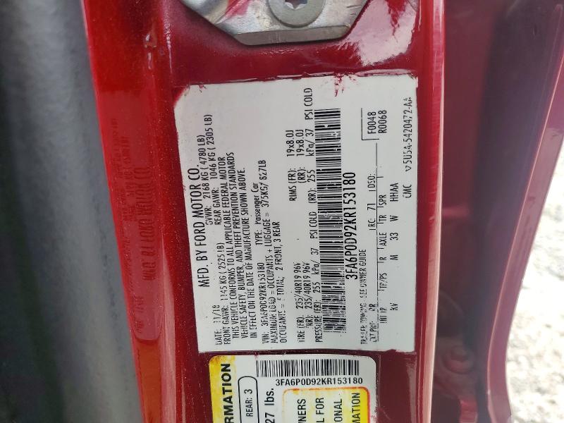 2019 Ford Fusion მანქანა იყიდება აუქციონზე, vin: 3FA6P0D92KR153180, აუქციონის ნომერი: 58308706
