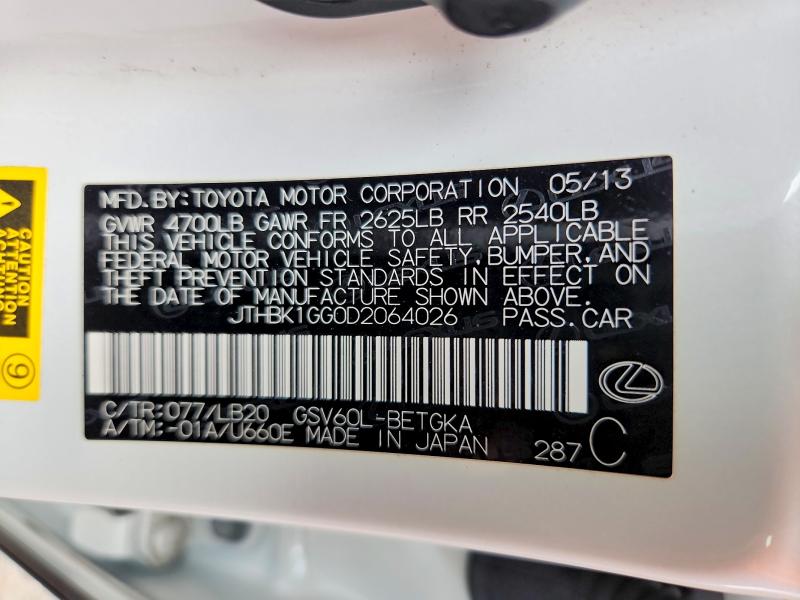 2013 Lexus Es მანქანა იყიდება აუქციონზე, vin: JTHBK1GG0D2064026, აუქციონის ნომერი: 58640766