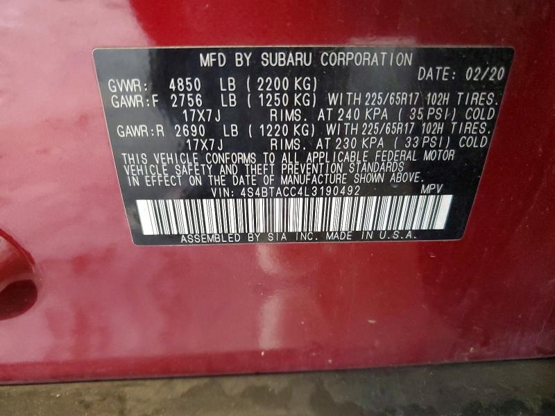 Продажа на аукционе авто 2020 Subaru Outback, vin: 4S4BTACC4L3190492, номер лота: 57419156