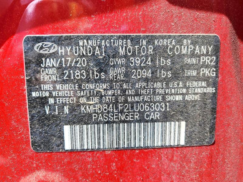 2020 Hyundai Elantra მანქანა იყიდება აუქციონზე, vin: KMHD84LF2LU063031, აუქციონის ნომერი: 58133536
