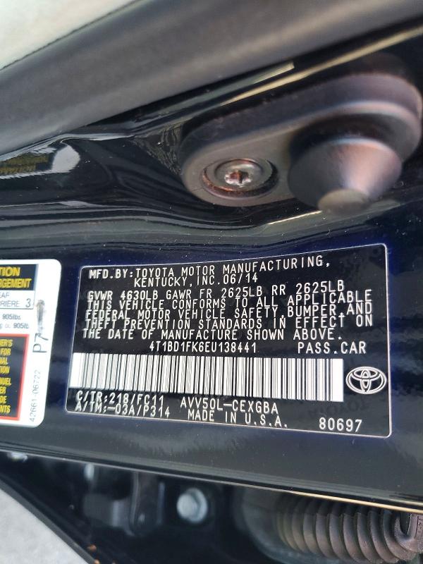 57951136 :رقم المزاد ، 4T1BD1FK6EU138441 vin ، 2014 Toyota Camry Hybrid مزاد بيع