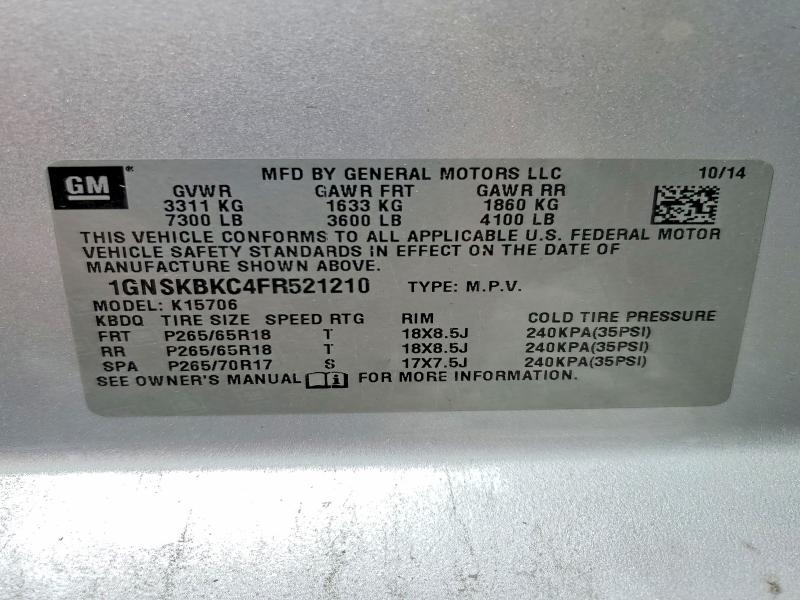 54877156 :رقم المزاد ، 1GNSKBKC4FR521210 vin ، 2015 Chevrolet Tahoe مزاد بيع