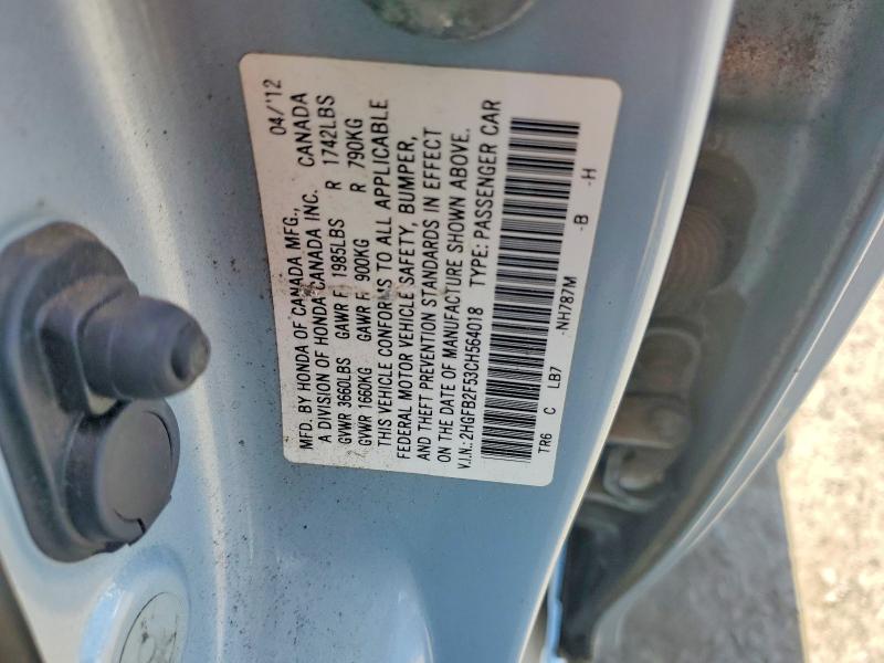 55253706 :رقم المزاد ، 2HGFB2F53CH564018 vin ، 2012 Honda Civic مزاد بيع