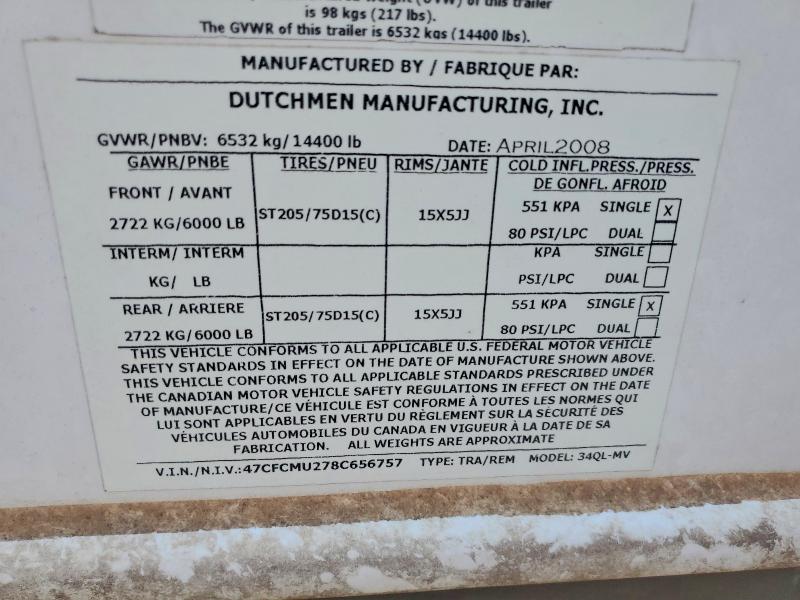 Продажа на аукционе авто 2008 Dutchmen Unknown, vin: 47CFCMU278C656757, номер лота: 56049366