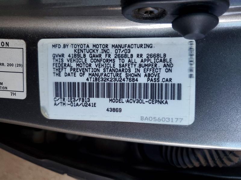2003 Toyota Camry მანქანა იყიდება აუქციონზე, vin: 4T1BE32K23U247684, აუქციონის ნომერი: 58318226